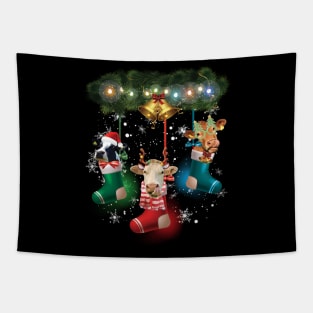 Cow In Socks Funny Cow Reindeer Hat Santa Christmas Lights Tapestry