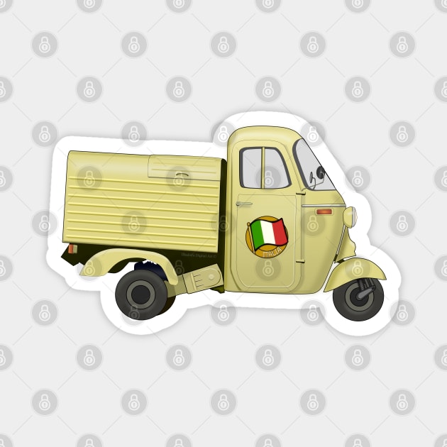 Vintage Yellow Italian Motorized Rikshaw with Italian Flag Sticker on the Door Magnet by ibadishi