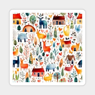 Cute cottagecore pattern houses animals trees beautiful countryside pattern village pattern gifts Magnet