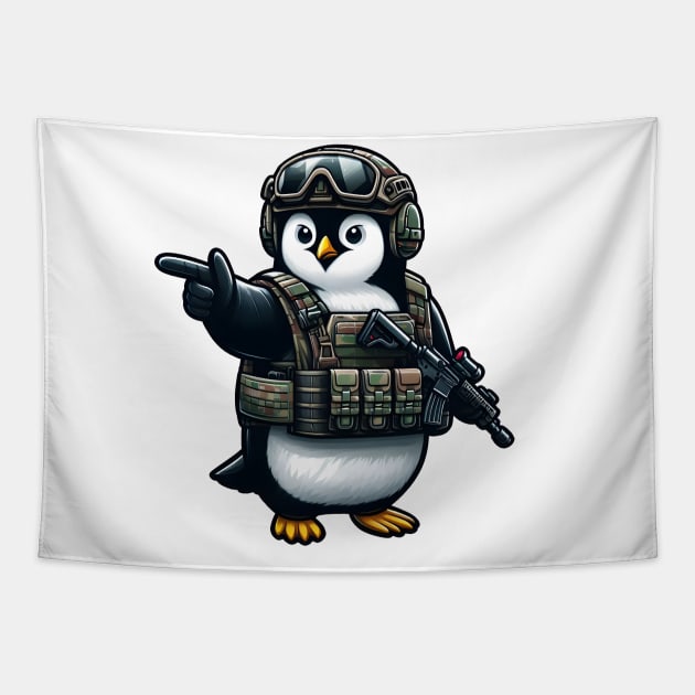 Tactical penguin Tapestry by Rawlifegraphic