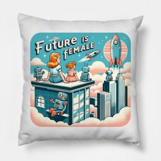 Future is Female -  Retro Futuristic Cityscape Pillow