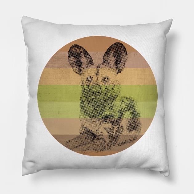 African Wild Dog on Retro-style Sunset in Africa Colors Pillow by scotch