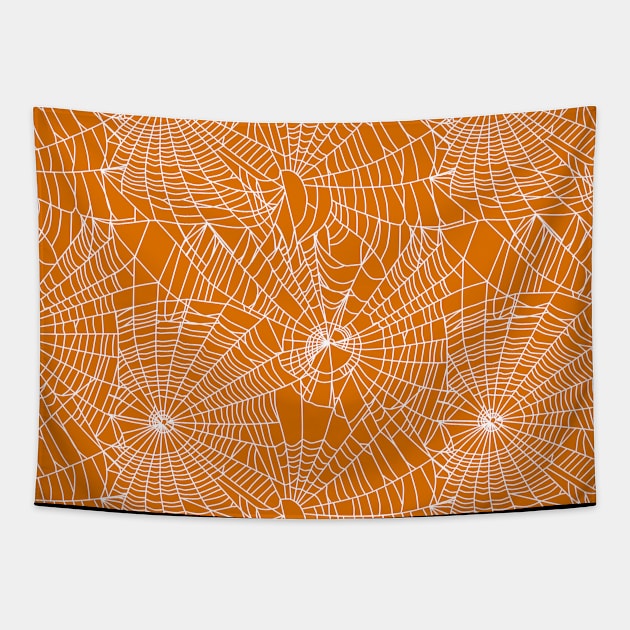 Orange Spider Webs Tapestry by sandpaperdaisy