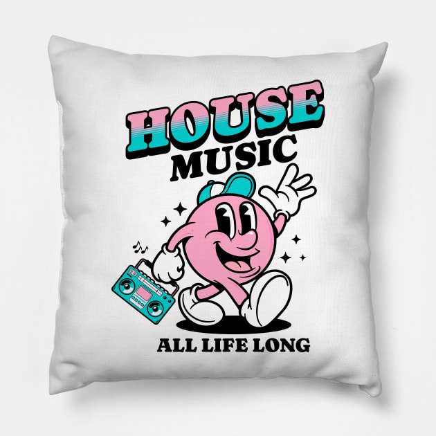 HOUSE  - Retro Mascot All Life Long (black/pink) Pillow by DISCOTHREADZ 