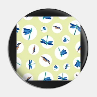 Dragonflies and Kingfisher in circles on green background Pin