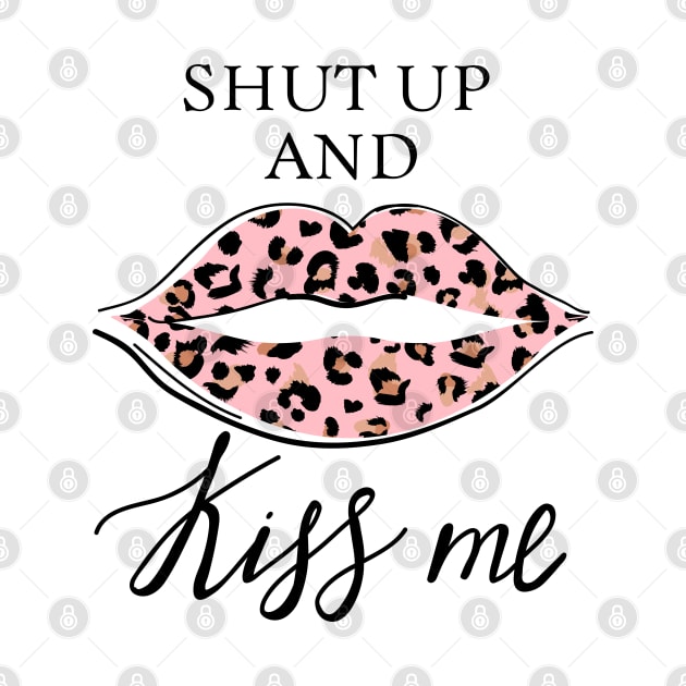 Fashion print with slogan. Kiss with leopard lipstick. Stylish woman lips. by CoCoArt-Ua