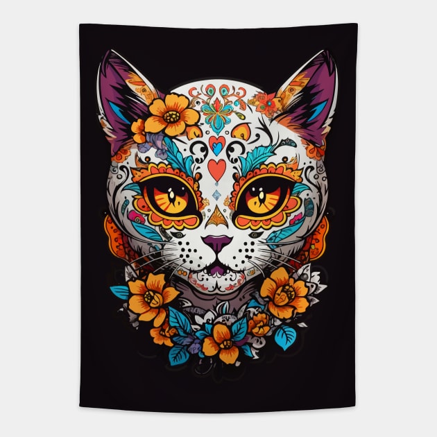 Cat Sugar Skull Halloween Tapestry by CatCoconut-Art