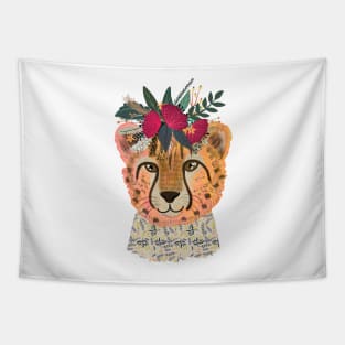 Cute Cheetah with flowers on head, wild animal with floral crown in the jungle Tapestry