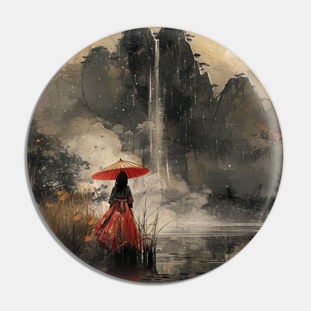 Traditional Chinese Landscape Watercolor Painting Umbrella Kimono Geisha Pin by Nightarcade