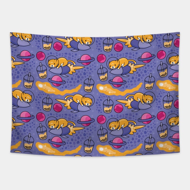 Bubble Tea Universe - Starry Kawaii Boba Cat Galaxy Pattern Tapestry by BobaTeaMe