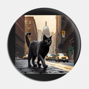 Black Cat walking down a street in the city Sticker Pin