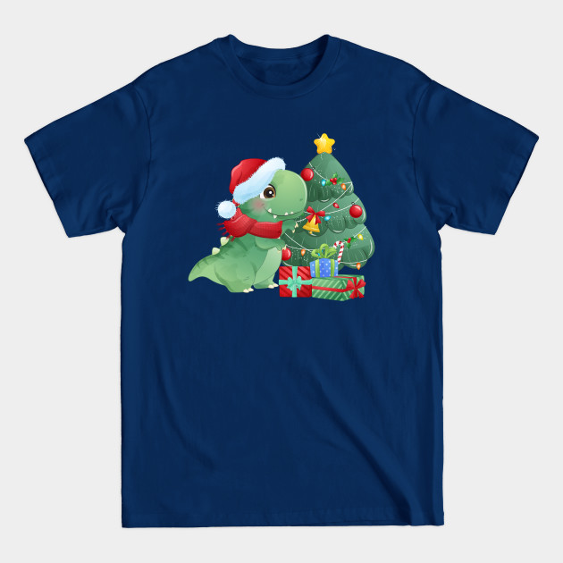 Disover Cute Christmas T Rex Dinosaur With Christmas Tree And Gift Boxes - Christmas T Rex - T-Shirt