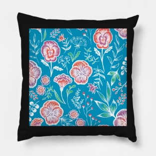 Pansy floral garden on blue Pillow