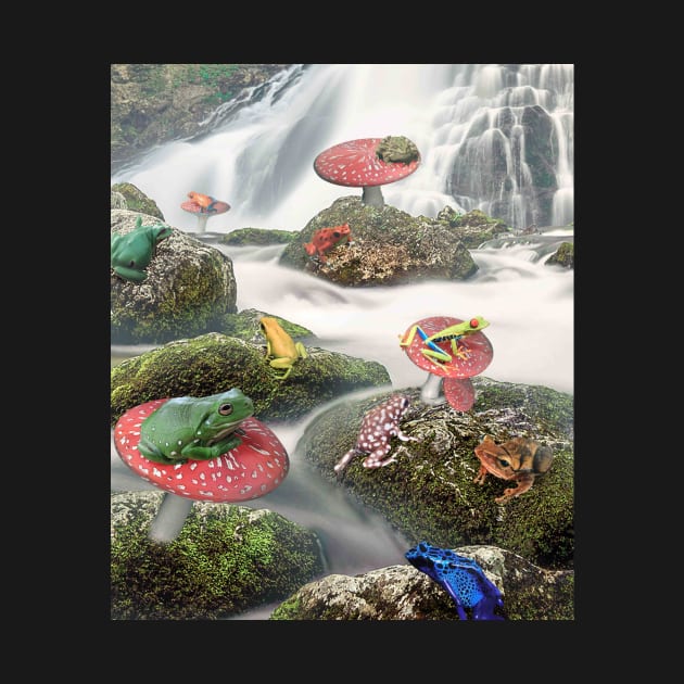 Frog Frogs Sitting On Mushroom Toadstool In Forest River by Random Galaxy