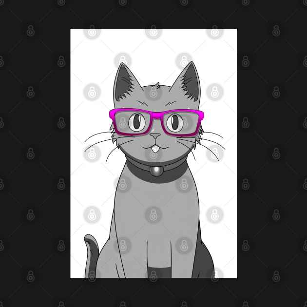 Cute Grey Cat with Nerdy Pink Glasses - Anime Wallpaper by KAIGAME Art
