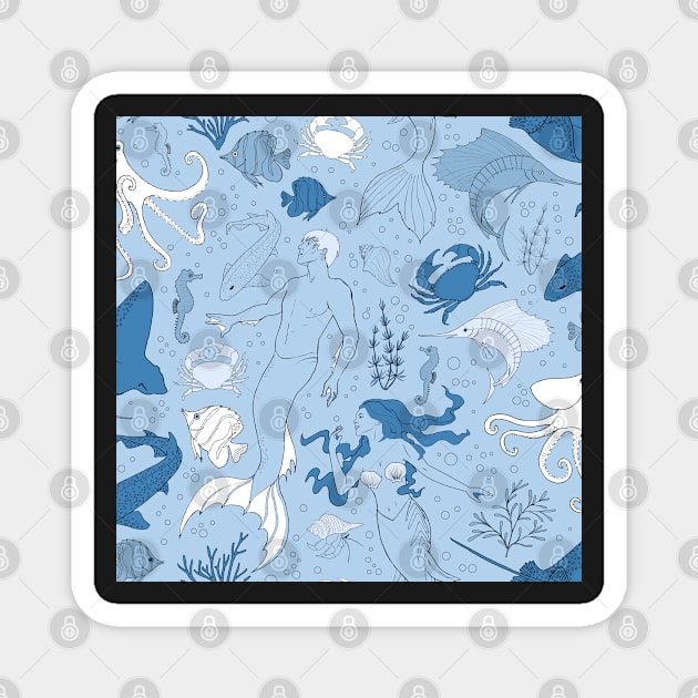 under the sea - blue seamless pattern Magnet by kobyakov