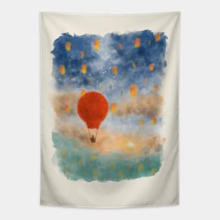 Hot air balloon on clouds towards the sun Tapestry