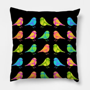 Cute little colourful birds with hearts on black background Pillow