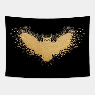 Fairy Tale Flying Owl Metallic Gold Forest and Birds Tapestry