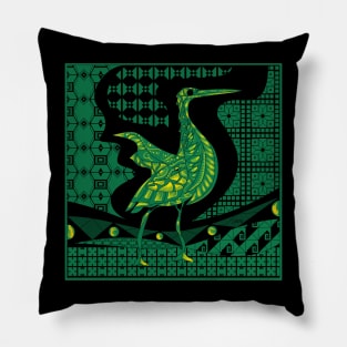 egret bird in talavera nest in mexican pattern art ecopop in dark green Pillow