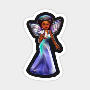 Angel with dove and candle. Black angel of peace ! With glow, Afro hair, brown eyes, Cherry pink lips and dark brown skin. Hair love ! Magnet