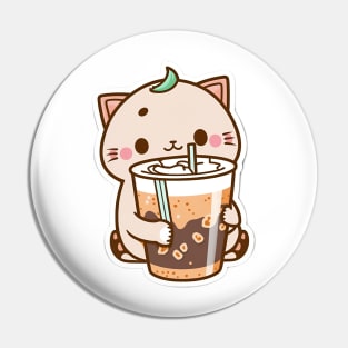 Cute Cat Drinking Bubble Tea Cartoon Boba Drawing Pin