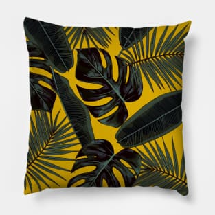 Tropical Black Green Leaves Pattern on Mustard Yellow Pillow