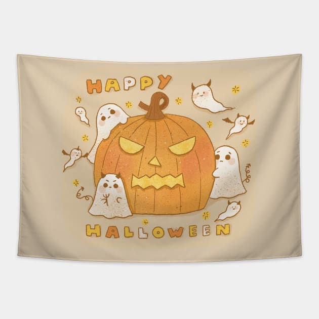 Cute Happy Halloween pumpkin and boo Tapestry by summerheart