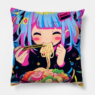 Cute Anime Girl |  Ramen Noodles | Hentaii Chibi Kawaii Design Pillow