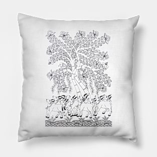 Nature wall art, line art, Black and white, Rajasthani art, Phad painting Pillow