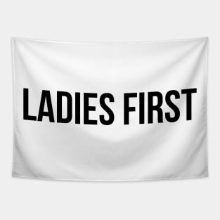 LADIES FIRST Minimalist Black Typography Tapestry