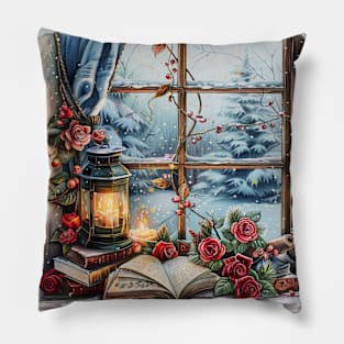 fantasy winter starry night window Pillow