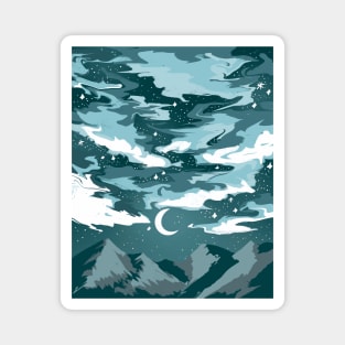 Teal cloudy sky above mountains with a crescent moon Magnet