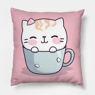 Cute Kawaii Kitty in a Blue Coffee Cup Pillow