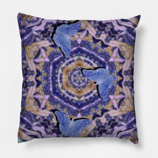 Butterflies against a floral kaleidoscope in blue Pillow