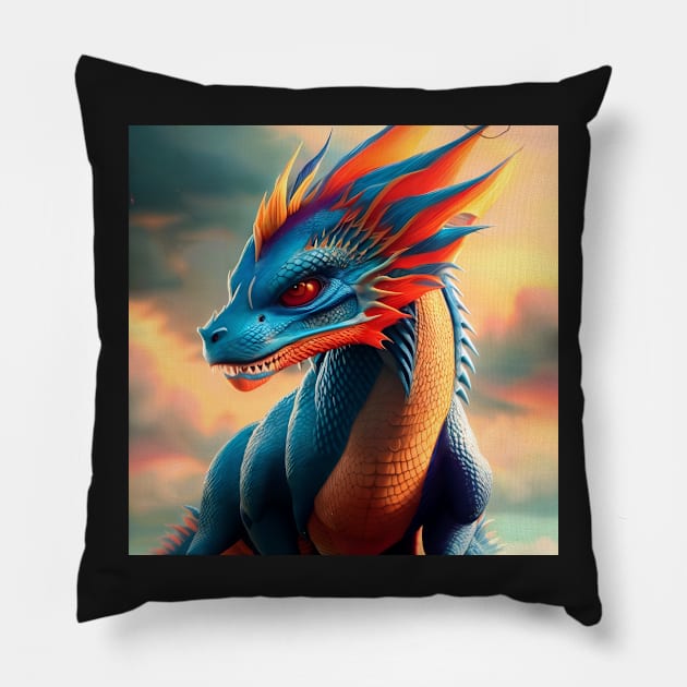 Menacing Young Cyan and Orange Scaled Dragon Pillow by dragynrain