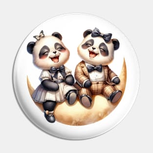 Valentine Happy Panda Bear Couple On Moon Pin