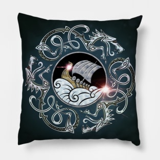 Viking ship surrounded by dragons Pillow