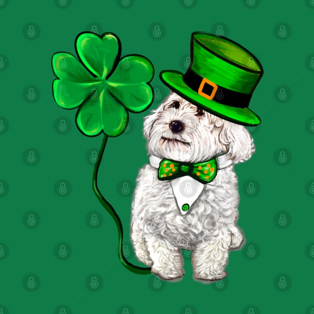 Funny Cavapoo puppy dog in hat and tie fancy dress with Clover Shamrocks - green 4 leaf clovers shamrock. Shenanigans The best Irish gift ideas 2024 by Artonmytee