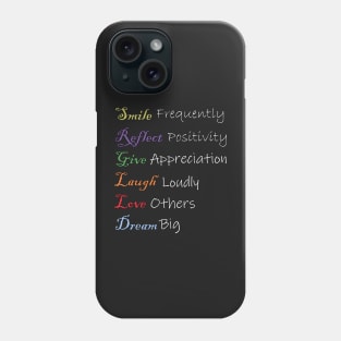 Positivity Quotes Law of Attraction Inspirational Words: Smile frequently, reflect positivity, give appreciation, laugh loudly, love others, dream big! Custom Apparel, Home Decor & Gifts Phone Case