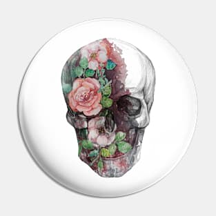 Skull in flowers, watercolor Pin