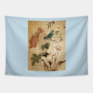 vintage bird roses floral botanical art Tapestry