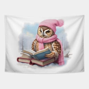Adorable cute owl Read A Book Tapestry