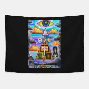 Surrealist painting like digital art with occult symbolism and All Seeing Eye Tapestry