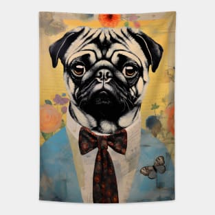 Cute Pug Dog Portrait in Suit Vintage Art Tapestry