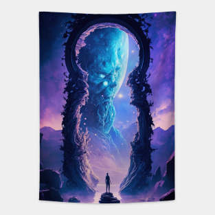 Person stands in front of massive portal in space Tapestry