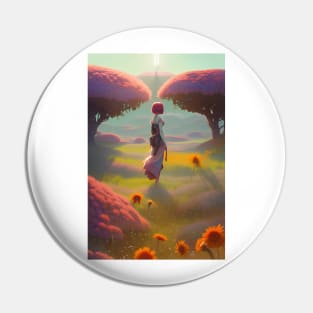 Cute Anime Girl in Field of Red Flowers & Trees - Sunshine Pin