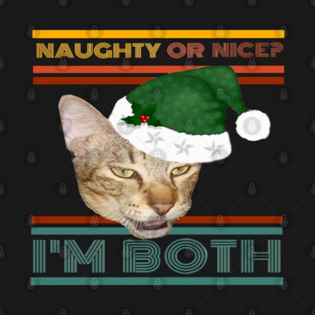 Naughty Or Nice? I'm Both Funny Retro Text Design with Cat in Green Santa Hat with Holly by aspinBreedCo2