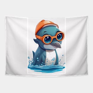 Cute Dolphin Wearing A Swimming Hat And Glasses Tapestry