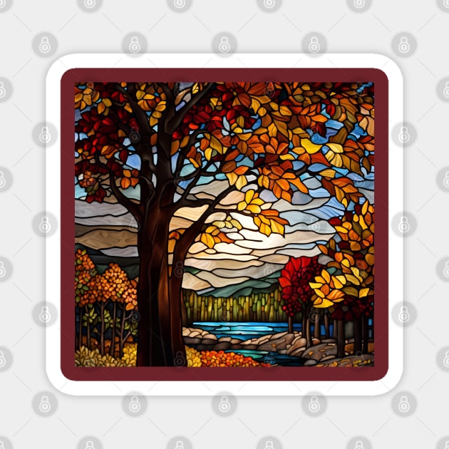 Stained Glass Autumn Forest Scene Magnet by Chance Two Designs